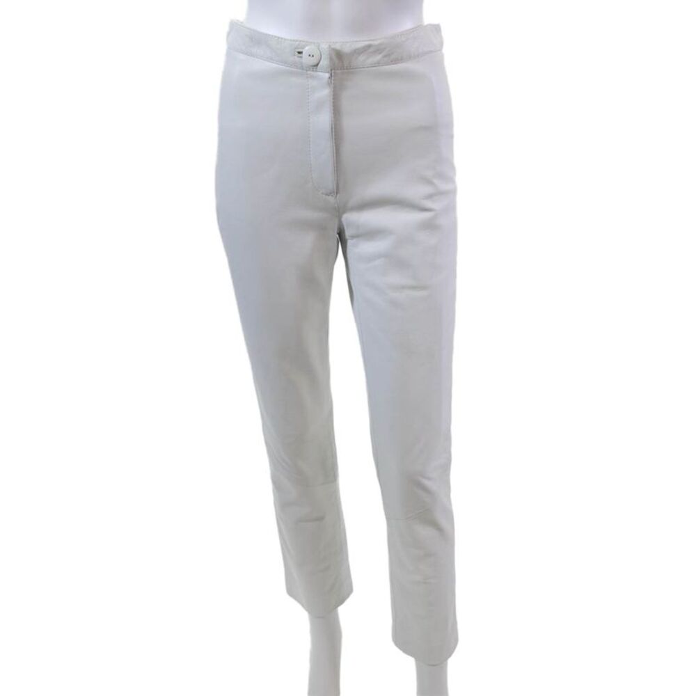 GrownBeans Womens Leather Mid-Rise Flat Front Skinny Pants Trousers White Size S